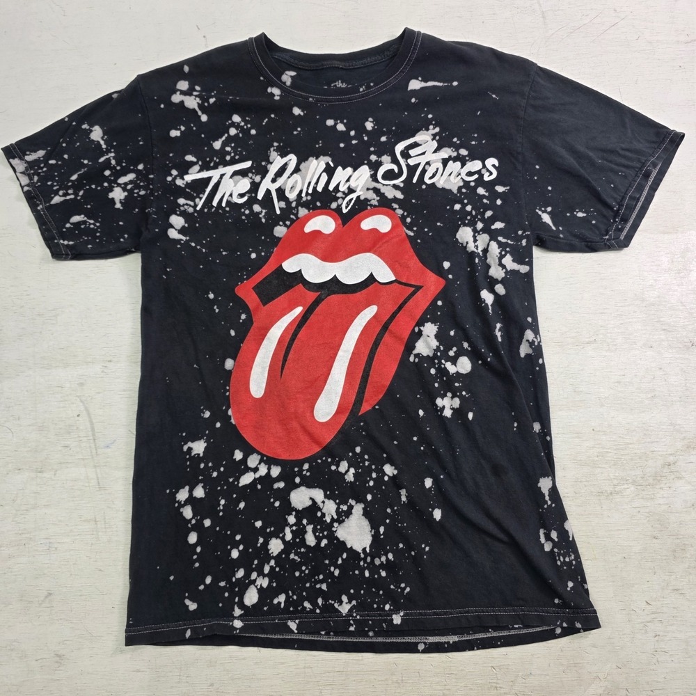 The Rolling Stones Big Tongue T-Shirt Black Bleach Splatter Retro Style Men's S
